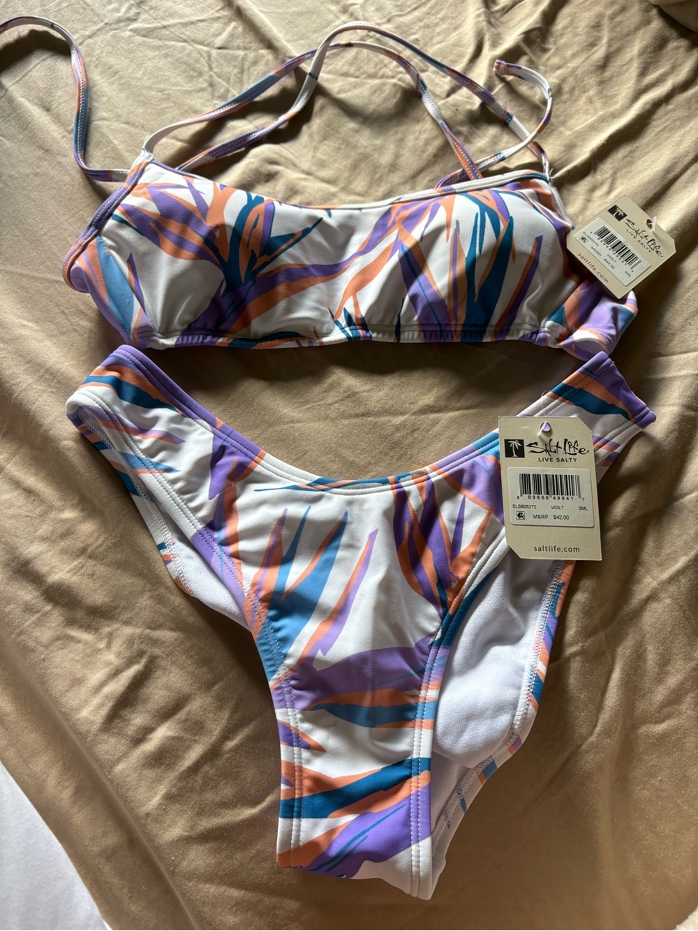 Salt Life Women's White Bikini Set with Purple, Blue & Orange Tropical Print